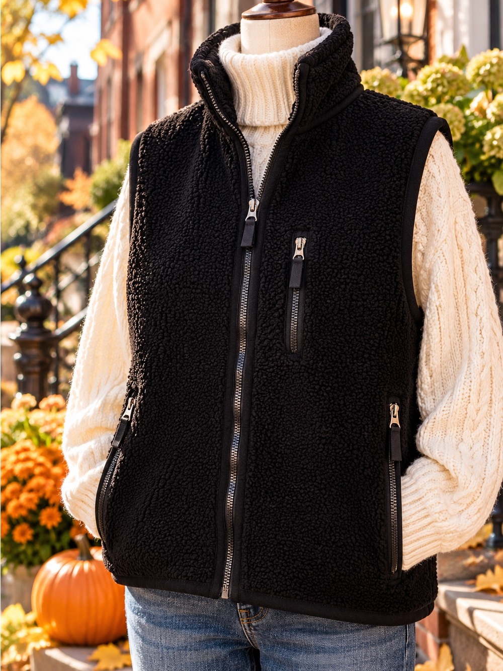 GAP Black Sherpa Fleece Full-Zip Vest | Cozy Fall Winter Layering Vest